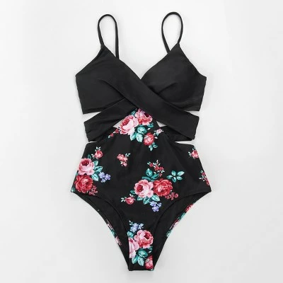 Women's Black And Floral Wrap Cutout One Piece Swimsuit - Cupshe 4 Women's Black And Floral Wrap Cutout One Piece Swimsuit - Cupshe - Image 2
