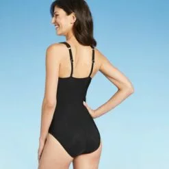 Women's Waist Detail Over the Shoulder One Piece Swimsuit - Aqua Green® Black