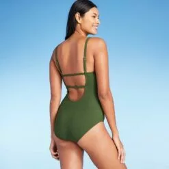Women's Textured Mini Pucker Square Neck High Coverage One Piece Swimsuit - Kona Sol™ Dark Green