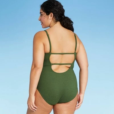 Women's Textured Mini Pucker Square Neck High Coverage One Piece Swimsuit - Kona Sol™ Dark Green 5 Women's Textured Mini Pucker Square Neck High Coverage One Piece Swimsuit - Kona Sol™ Dark Green - Image 3