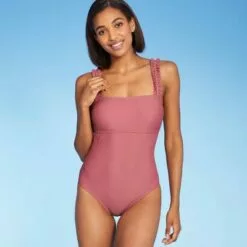 Women's Square Neck Ruffle Shoulder Medium Coverage One Piece Swimsuit - Kona Sol™ Mauvewood -Swimsuits Popular Store unnamed file 6795