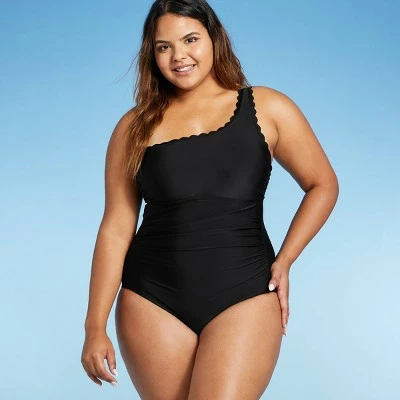 Women's Scallop One Shoulder High Coverage One Piece Swimsuit - Kona Sol™ Black 4 Women's Scallop One Shoulder High Coverage One Piece Swimsuit - Kona Sol™ Black - Image 2