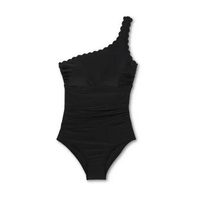 Women's Scallop One Shoulder High Coverage One Piece Swimsuit - Kona Sol™ Black 6 Women's Scallop One Shoulder High Coverage One Piece Swimsuit - Kona Sol™ Black - Image 4