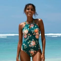 Women's Teal Floral Scalloped Crisscross One Piece Swimsuit - Cupshe