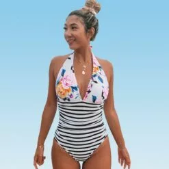 Women's Bold Floral and Stripe Halter One Piece Swimsuit - Cupshe -Swimsuits Popular Store unnamed file 6821