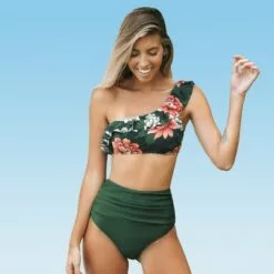 Women's Dark Green Floral One Shoulder Ruffled High Waisted Bikini - Cupshe -Swimsuits Popular Store unnamed file 6864
