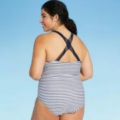 Women's High Coverage One Piece Swimsuit - Kona Sol™ Navy Stripe -Swimsuits Popular Store unnamed file 6908