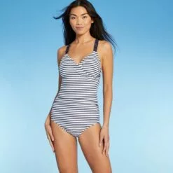 Women's High Coverage One Piece Swimsuit - Kona Sol™ Navy Stripe -Swimsuits Popular Store unnamed file 6913