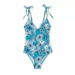 Juniors' Ribbed Shoulder Tie Ruffle One Piece - Xhilaration™ Multi Blue Floral Print -Swimsuits Popular Store unnamed file 6940