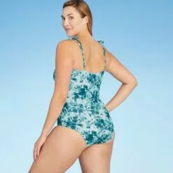 Women's Shoulder Tie Square Neck Medium Coverage One Piece Swimsuit - Kona Sol™ Blue Tie-Dye -Swimsuits Popular Store unnamed file 6996