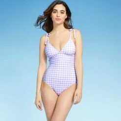 Women's Shoulder Tie Gingham Medium Coverage One Piece Swimsuit - Kona Sol™ Silent Lilac -Swimsuits Popular Store unnamed file 7010