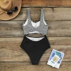 Women's One Piece Swimsuit Striped Cutout Wide Strap Swimwear Bathing Suit -Cupshe -Swimsuits Popular Store unnamed file 7025
