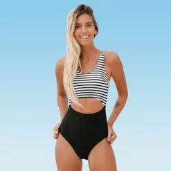 Women's One Piece Swimsuit Striped Cutout Wide Strap Swimwear Bathing Suit -Cupshe -Swimsuits Popular Store unnamed file 7028