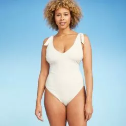 Women's Plunge Front Shoulder Tie Ribbed One Piece Swimsuit - Shade & Shore™ Cream -Swimsuits Popular Store unnamed file 7054