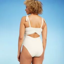 Women's Plunge Front Shoulder Tie Ribbed One Piece Swimsuit - Shade & Shore™ Cream -Swimsuits Popular Store unnamed file 7055