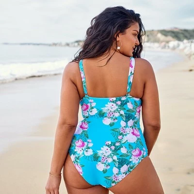 Women's Blue Floral Plus Size One Piece Strappy V Neck Bathing Suit - Cupshe 3 Women's Blue Floral Plus Size One Piece Strappy V Neck Bathing Suit - Cupshe