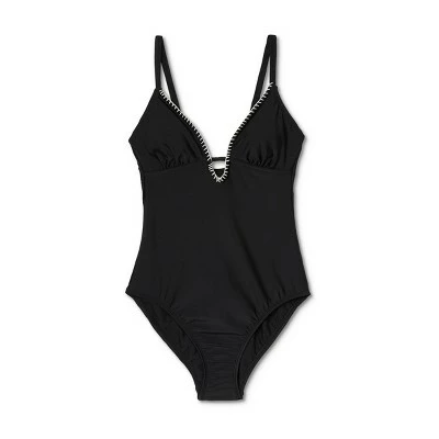 Women's Blanket Stitch High Leg Medium Coverage One Piece Swimsuit - Kona Sol™ Black 6 Women's Blanket Stitch High Leg Medium Coverage One Piece Swimsuit - Kona Sol™ Black - Image 4