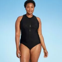 Women's High Neck Zip-Up One Piece Swimsuit - Aqua Green® Black -Swimsuits Popular Store unnamed file 7099