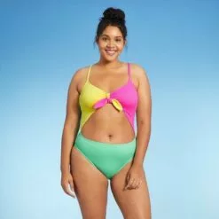 Juniors' Ribbed Colorblock Tie-Front One Piece Swimsuit - Xhilaration™ Multi -Swimsuits Popular Store unnamed file 7188