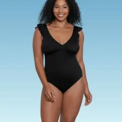 Women's Slimming Control Ruffle Sleeve One Piece Swimsuit - Beach Betty by Miracle Brands Black -Swimsuits Popular Store unnamed file 7224