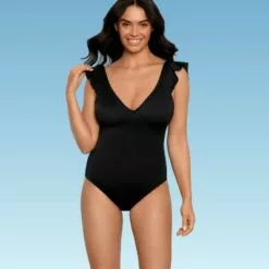 Women's Slimming Control Ruffle Sleeve One Piece Swimsuit - Beach Betty by Miracle Brands Black -Swimsuits Popular Store unnamed file 7227