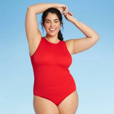 Women's Textured High Neck High Coverage One Piece Swimsuit - Kona Sol™ Lively Red 4 Women's Textured High Neck High Coverage One Piece Swimsuit - Kona Sol™ Lively Red - Image 2
