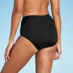 Women's Paneled Shirred High Waist Medium Coverage Bikini Bottom - Kona Sol™ Black
