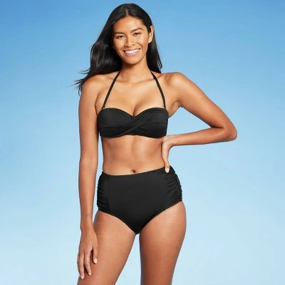 Women's Paneled Shirred High Waist Medium Coverage Bikini Bottom - Kona Sol™ Black 4 Women's Paneled Shirred High Waist Medium Coverage Bikini Bottom - Kona Sol™ Black - Image 2