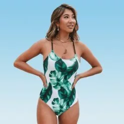 Women's Leafy Print One Piece Swimsuit Lace Up Back Crisscross Bathing Suit -Cupshe -Swimsuits Popular Store unnamed file 7376