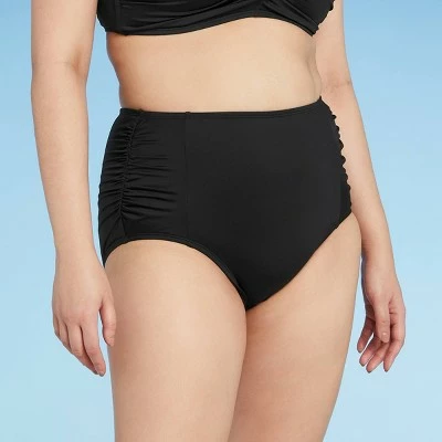 Women's Paneled Shirred High Waist Medium Coverage Bikini Bottom - Kona Sol™ Black 5 Women's Paneled Shirred High Waist Medium Coverage Bikini Bottom - Kona Sol™ Black - Image 3