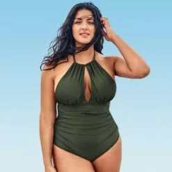 Women's Green Plus Size One Piece Ruched Cutout Halter Self Tied Bathing Suit - Cupshe -Swimsuits Popular Store unnamed file 7399
