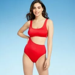 Women's Textured Ribbed Side Cut Out Medium Coverage One Piece Swimsuit - Kona Sol™ Lively Red -Swimsuits Popular Store unnamed file 7426