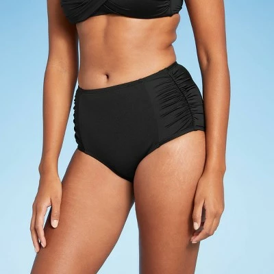 Women's Paneled Shirred High Waist Medium Coverage Bikini Bottom - Kona Sol™ Black 11 Women's Paneled Shirred High Waist Medium Coverage Bikini Bottom - Kona Sol™ Black - Image 9