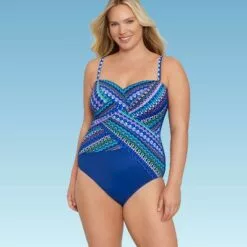 Women's Slimming Control Draped Shirred Bandeau One Piece Swimsuit - Dreamsuit by Miracle Brands Blue -Swimsuits Popular Store unnamed file 7476