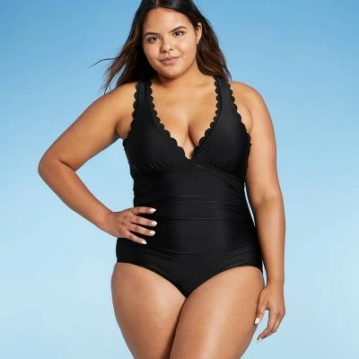 Women's Plunge Front Scallop High Coverage One Piece Swimsuit - Kona Sol™ Black 4 Women's Plunge Front Scallop High Coverage One Piece Swimsuit - Kona Sol™ Black - Image 2