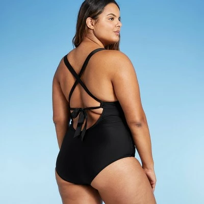 Women's Plunge Front Scallop High Coverage One Piece Swimsuit - Kona Sol™ Black 5 Women's Plunge Front Scallop High Coverage One Piece Swimsuit - Kona Sol™ Black - Image 3