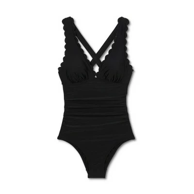 Women's Plunge Front Scallop High Coverage One Piece Swimsuit - Kona Sol™ Black 6 Women's Plunge Front Scallop High Coverage One Piece Swimsuit - Kona Sol™ Black - Image 4