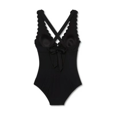 Women's Plunge Front Scallop High Coverage One Piece Swimsuit - Kona Sol™ Black 7 Women's Plunge Front Scallop High Coverage One Piece Swimsuit - Kona Sol™ Black - Image 5
