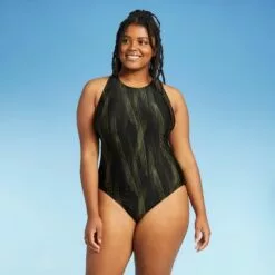 Women's Cross Back One Piece Swimsuit - All in Motion™ Olive Green & Black -Swimsuits Popular Store unnamed file 7553