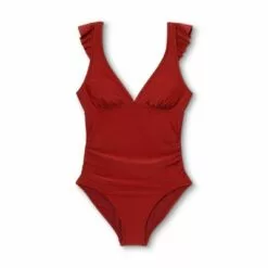 Women's Long Torso Ruffle Shoulder High Coverage One Piece Swimsuit - Kona Sol™ Bold Burgundy -Swimsuits Popular Store unnamed file 7577
