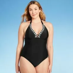 Women's Crochet Neckline Medium Coverage One Piece Swimsuit - Kona Sol™ Black -Swimsuits Popular Store unnamed file 7640