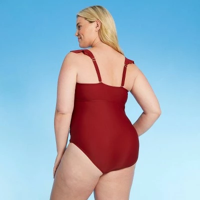 Women's Plus Size Cap Sleeve Plunge One Piece Swimsuit - Kona Sol™ Burgundy 3 Women's Plus Size Cap Sleeve Plunge One Piece Swimsuit - Kona Sol™ Burgundy