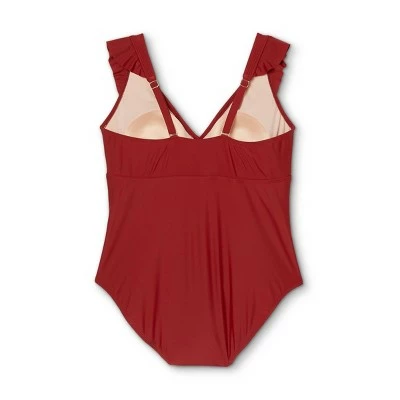 Women's Plus Size Cap Sleeve Plunge One Piece Swimsuit - Kona Sol™ Burgundy 5 Women's Plus Size Cap Sleeve Plunge One Piece Swimsuit - Kona Sol™ Burgundy - Image 3