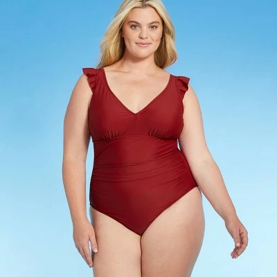 Women's Plus Size Cap Sleeve Plunge One Piece Swimsuit - Kona Sol™ Burgundy 7 Women's Plus Size Cap Sleeve Plunge One Piece Swimsuit - Kona Sol™ Burgundy - Image 5