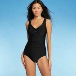 Women's Long Torso Scallop High Coverage One Piece Swimsuit - Kona Sol™ Black -Swimsuits Popular Store unnamed file 7666