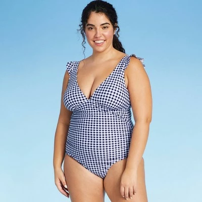 Women's Ruffle Gingham High Coverage One Piece Swimsuit - Kona Sol™ Blue 4 Women's Ruffle Gingham High Coverage One Piece Swimsuit - Kona Sol™ Blue - Image 2