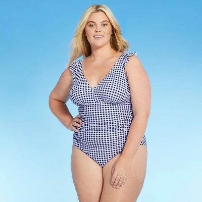 Women's Ruffle Gingham High Coverage One Piece Swimsuit - Kona Sol™ Blue 18 Women's Ruffle Gingham High Coverage One Piece Swimsuit - Kona Sol™ Blue - Image 16