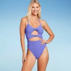 Women's Double Knot Cut Out Ribbed One Piece Swimsuit - Shade & Shore™ Purple -Swimsuits Popular Store unnamed file 7728