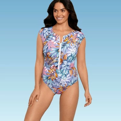 Women's Slimming Control Zip-Front Cap Sleeve One Piece Swimsuit - Beach Betty by Miracle Brands Blue 5 Women's Slimming Control Zip-Front Cap Sleeve One Piece Swimsuit - Beach Betty by Miracle Brands Blue - Image 3