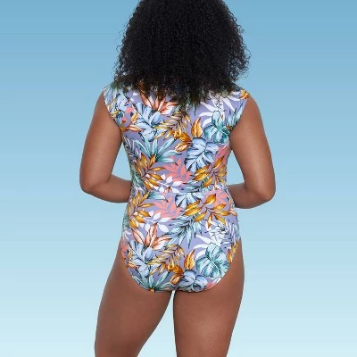 Women's Slimming Control Zip-Front Cap Sleeve One Piece Swimsuit - Beach Betty by Miracle Brands Blue 8 Women's Slimming Control Zip-Front Cap Sleeve One Piece Swimsuit - Beach Betty by Miracle Brands Blue - Image 6